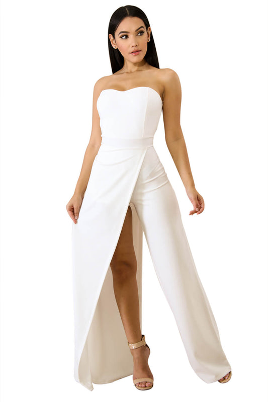 White Asymmetric Split Leg Strapless Jumpsuit