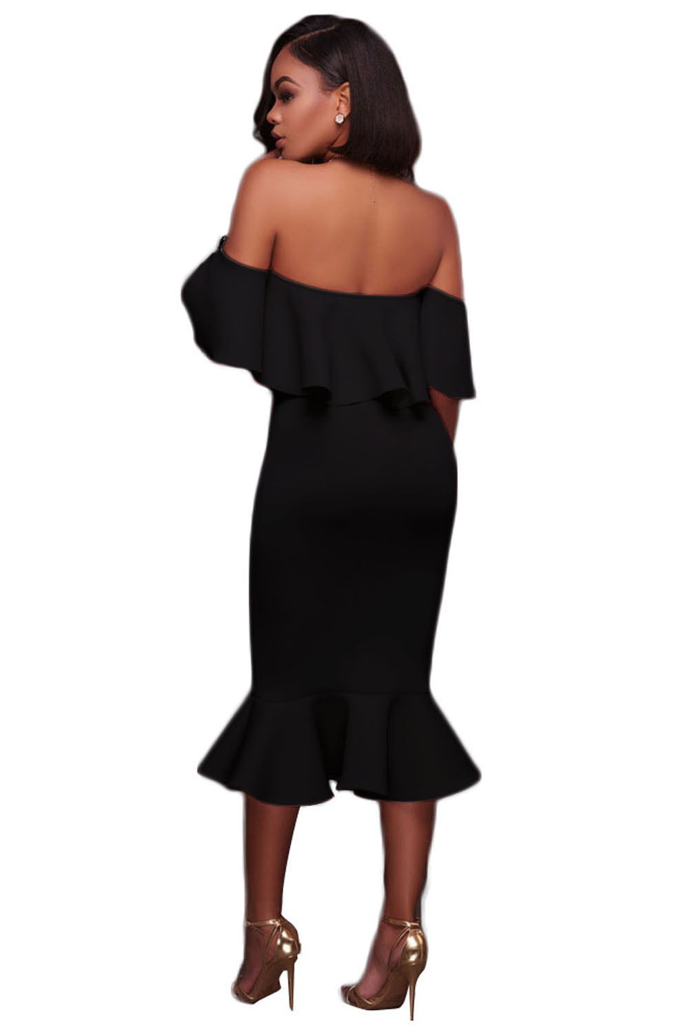 Black Ruffle Off Shoulder Mermaid Midi