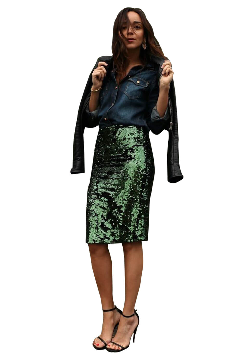 Green Glitter Me Crushed Sequin Pencil Skirt