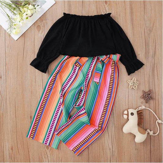 Black long-sleeved Top with striped pants