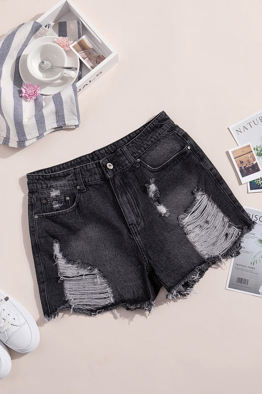 Black Distressed Denim Shorts