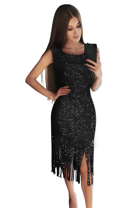 Black Fringe Hemline Sequin Tank Dress