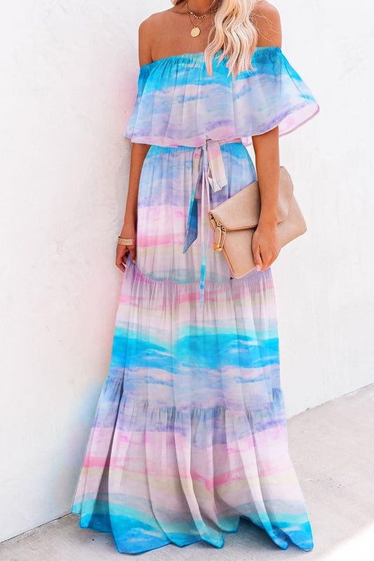 Sky Blue Printed Off-the-shoulder Tiered Maxi Dress