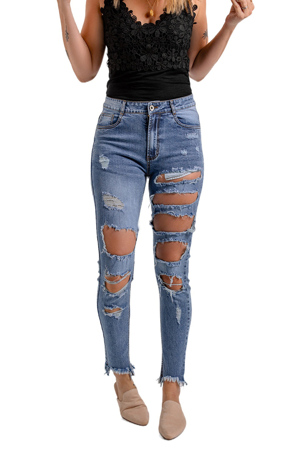 Blue Distressed Frayed Jeans