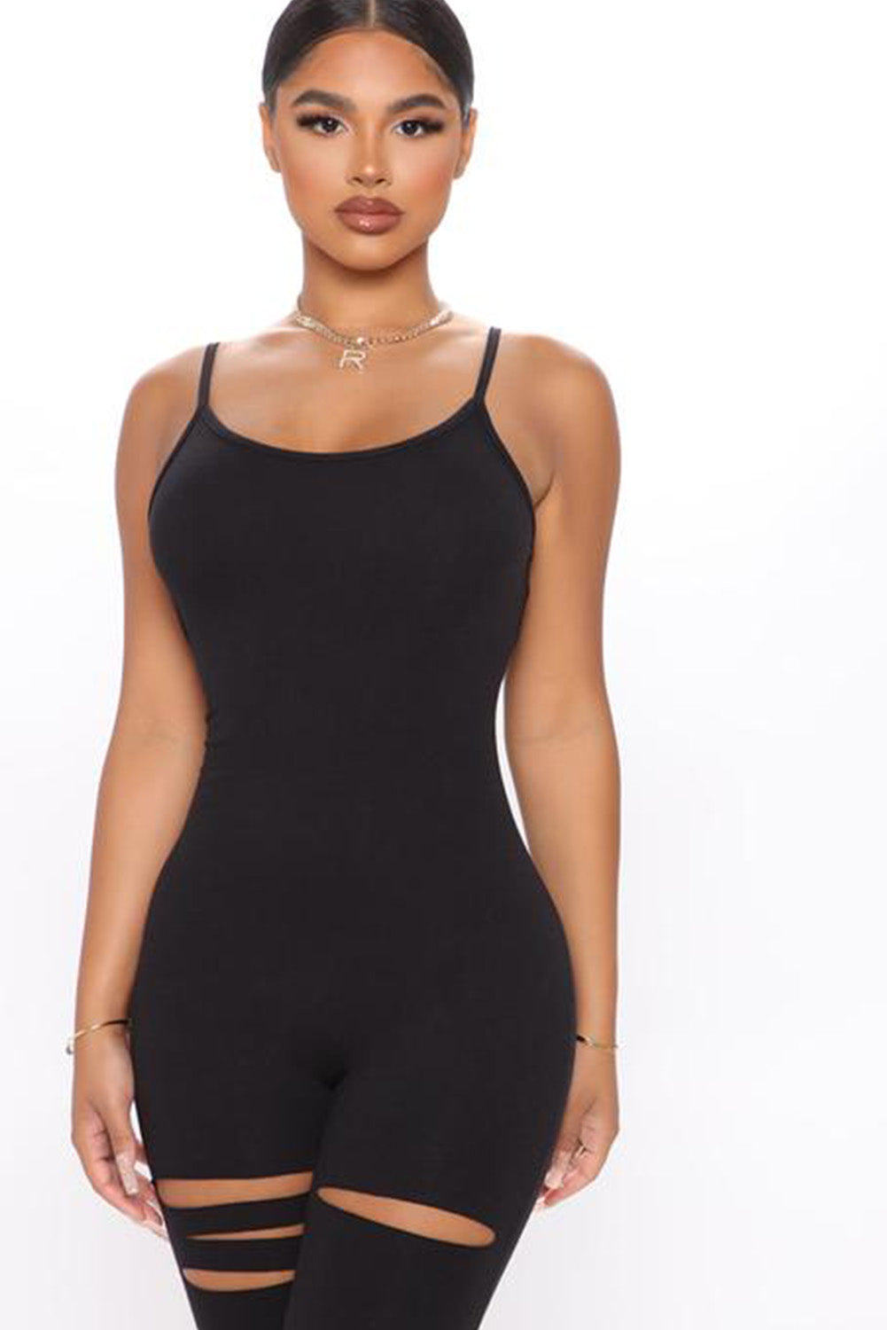 Cut-out Stacked Leg Spaghetti Strap Jumpsuit