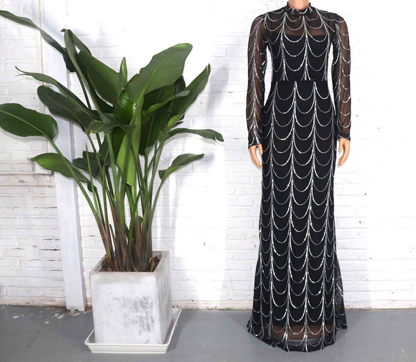Stretch sequin fishtail evening dress with inner skirt