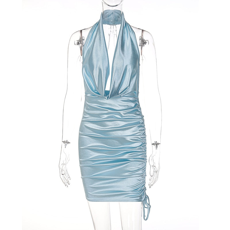 Satin Ruched Halter Dress With Back Chains