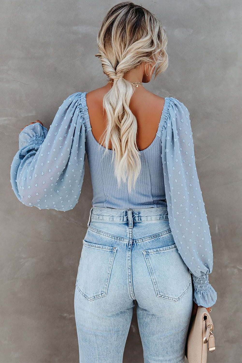 Sky Blue Solid Swiss Dot Ribbed Puff Sleeve Bodysuit