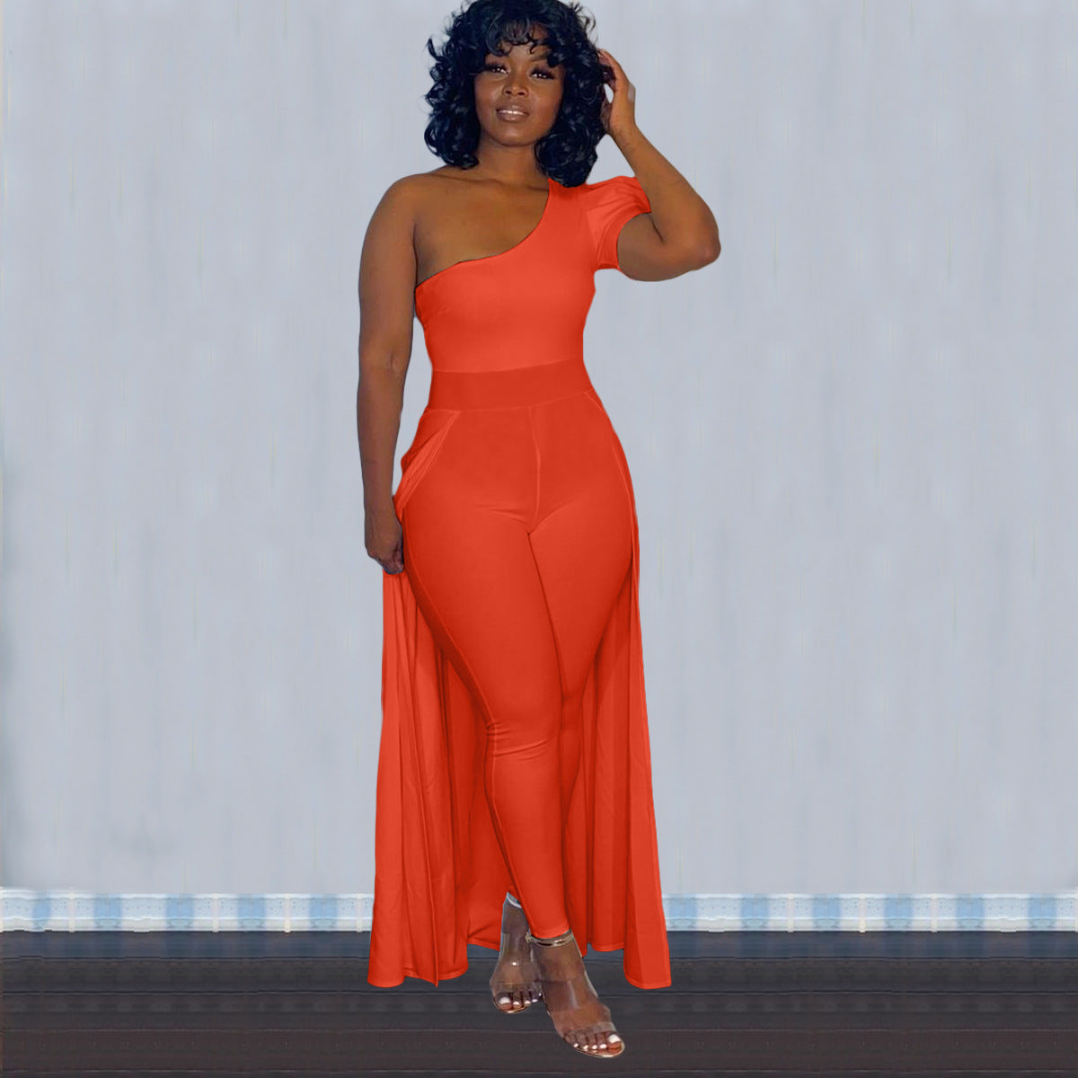 plus size one-shoulder short-sleeved cloak jumpsuit   clothes