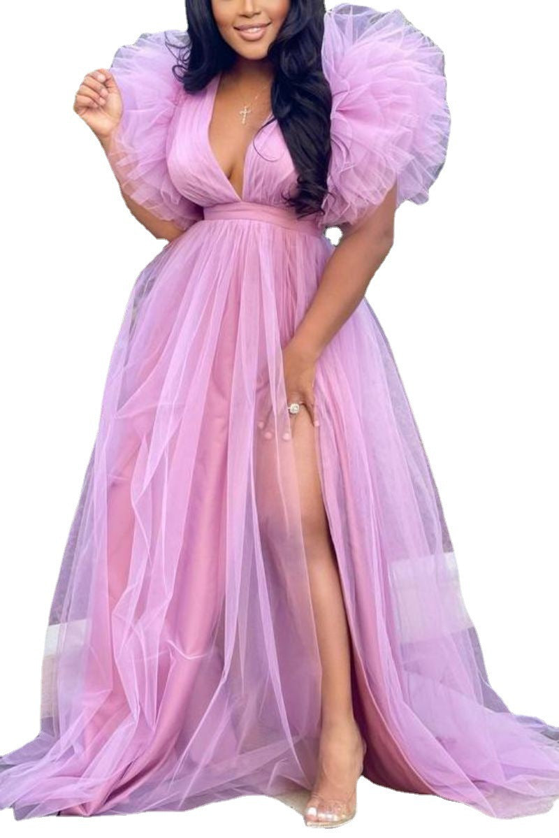 Elegant Fashion Solid Color Plunging Neck Short Sleeve Net Yarn Polyester Mesh Yarn Plus Size Dresses Maxi Long Dress Party Dress