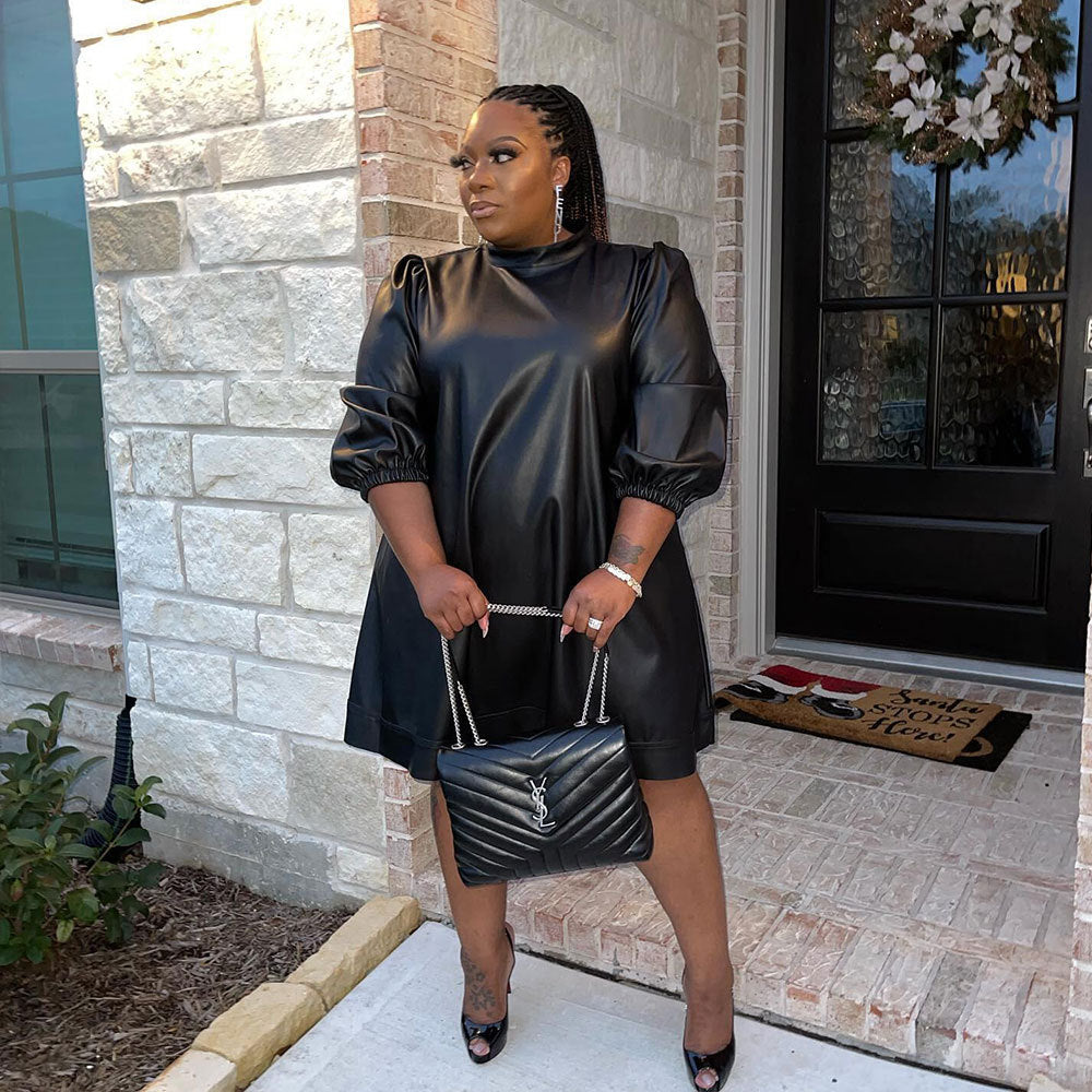 Long-sleeved plus size PU leather dress