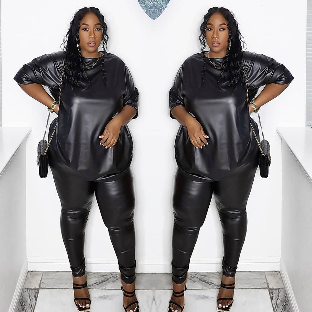 Plus size solid color leather short-sleeved top slim trousers lounge set  clothing