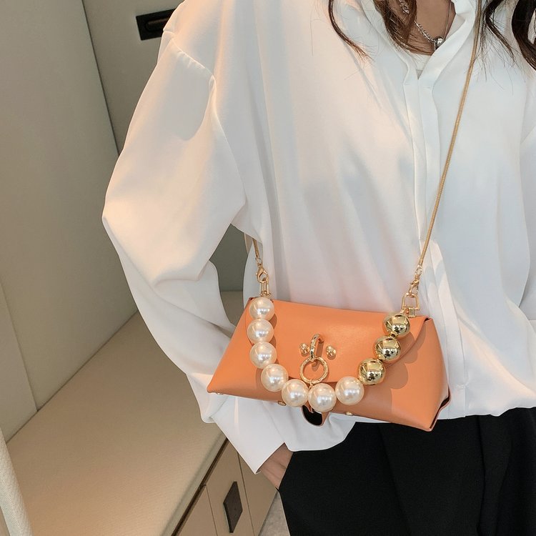 Fashion Solid Color Pearls Square Flip Cover Square Bag