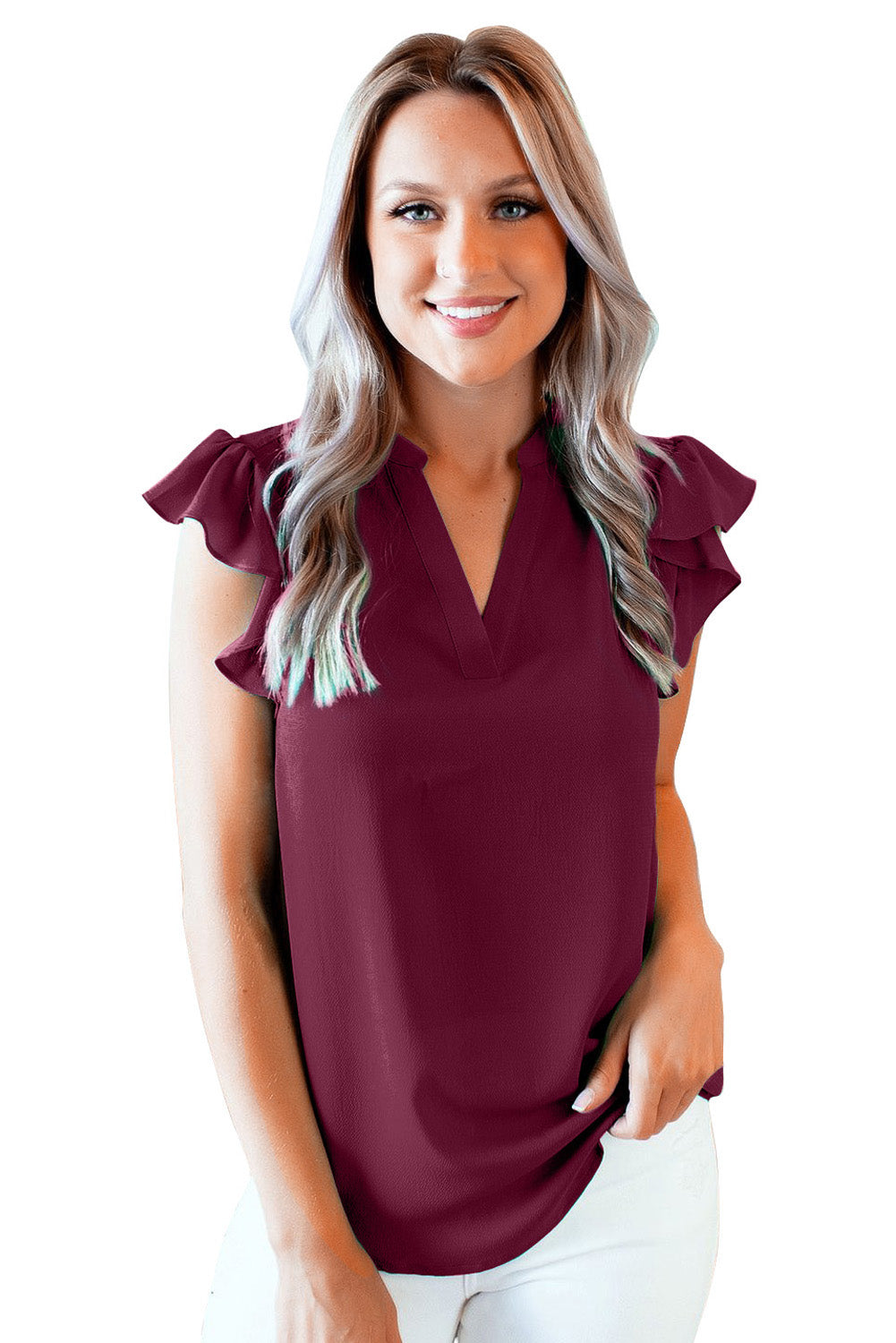 Red Ruffled Sleeveless V Neck Top