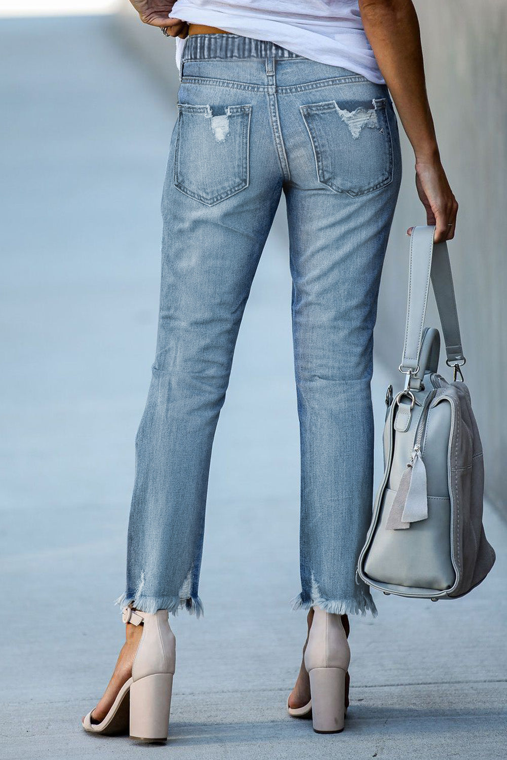 Light Blue Elastic Waist Raw Hem Jeans