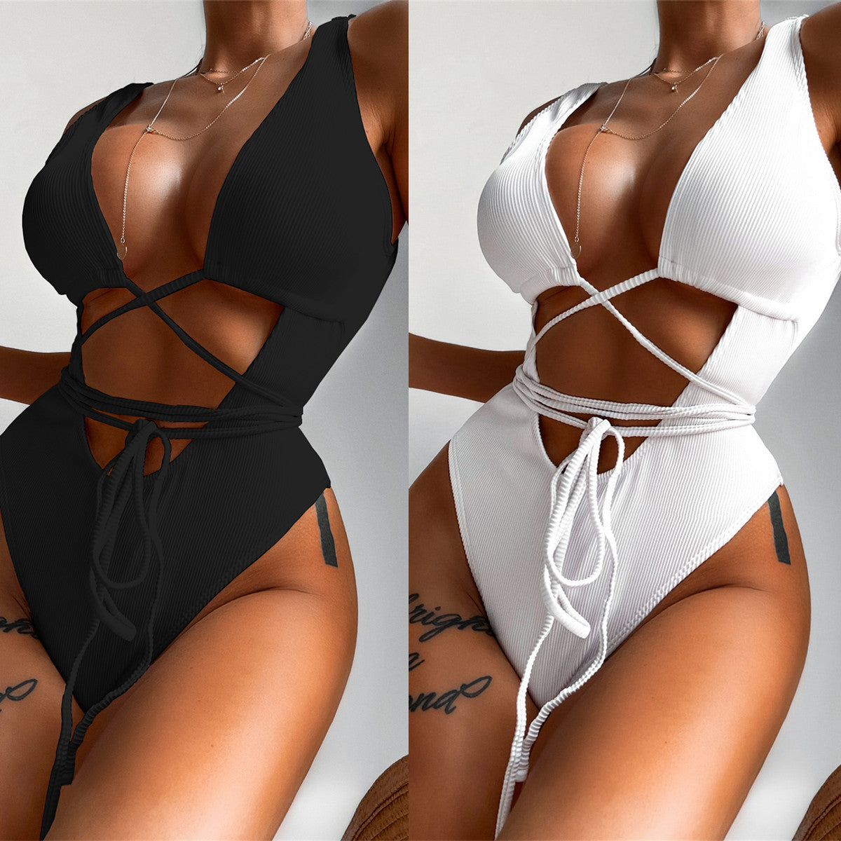 Lace-up one-piece swimsuit