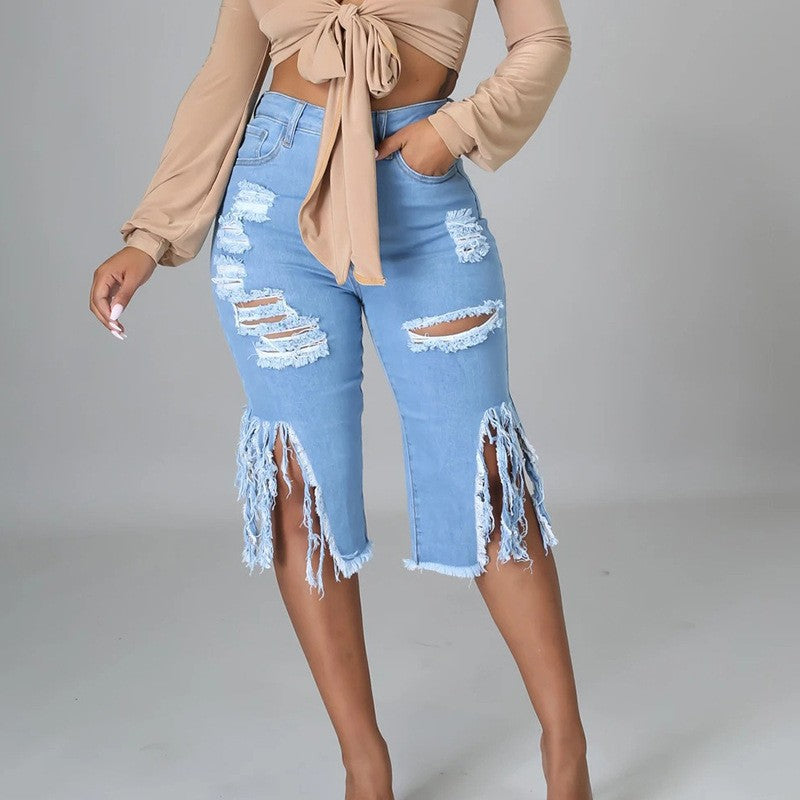 high waist fringed hole stretch capri jeans