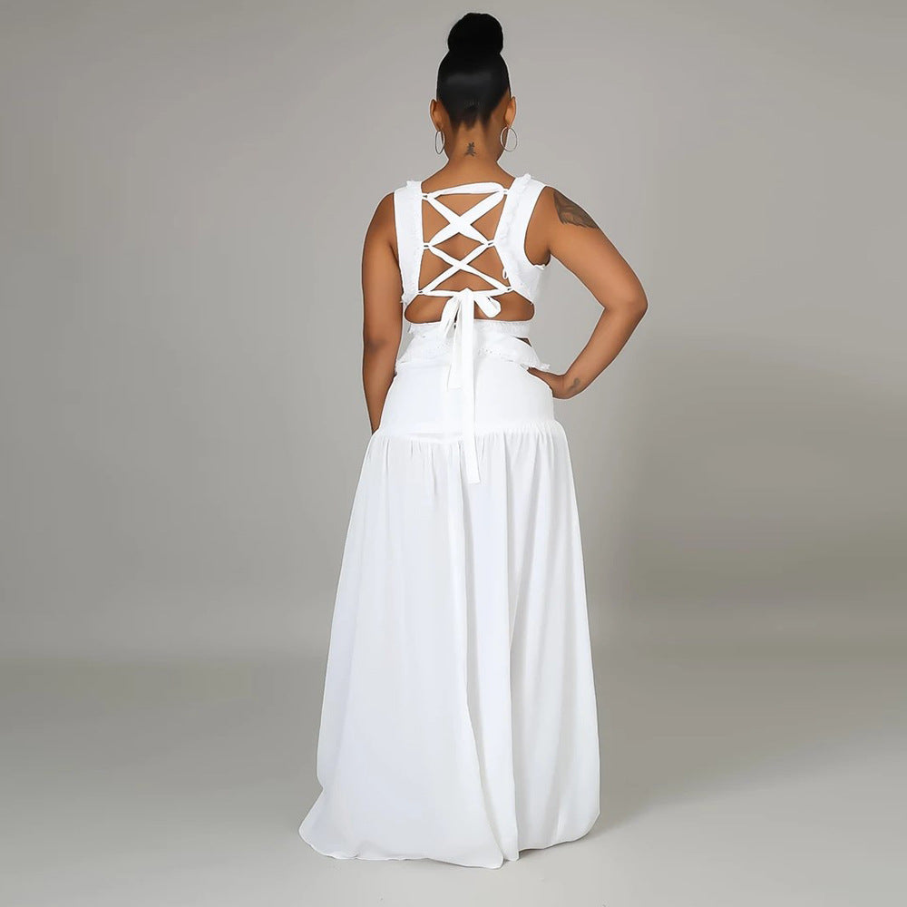 Deep V-neck long skirt cotton dress