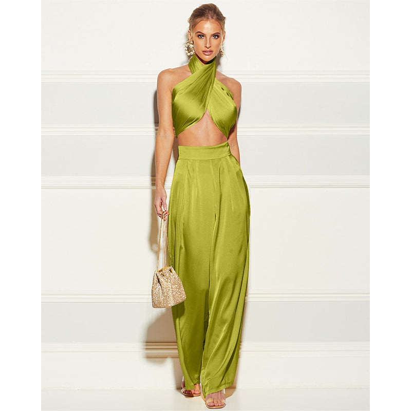 Satin Wrap Top with Matching Pants