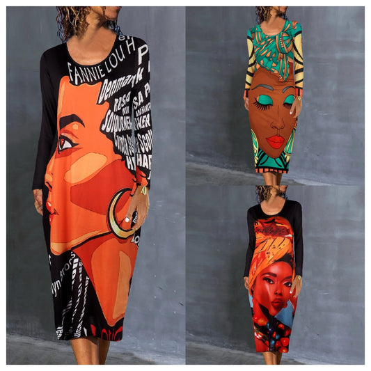 Casual Fashion Human Color Block Round Neck Long Sleeve Printing Polyester Maxi Long Dress Straight Skirt