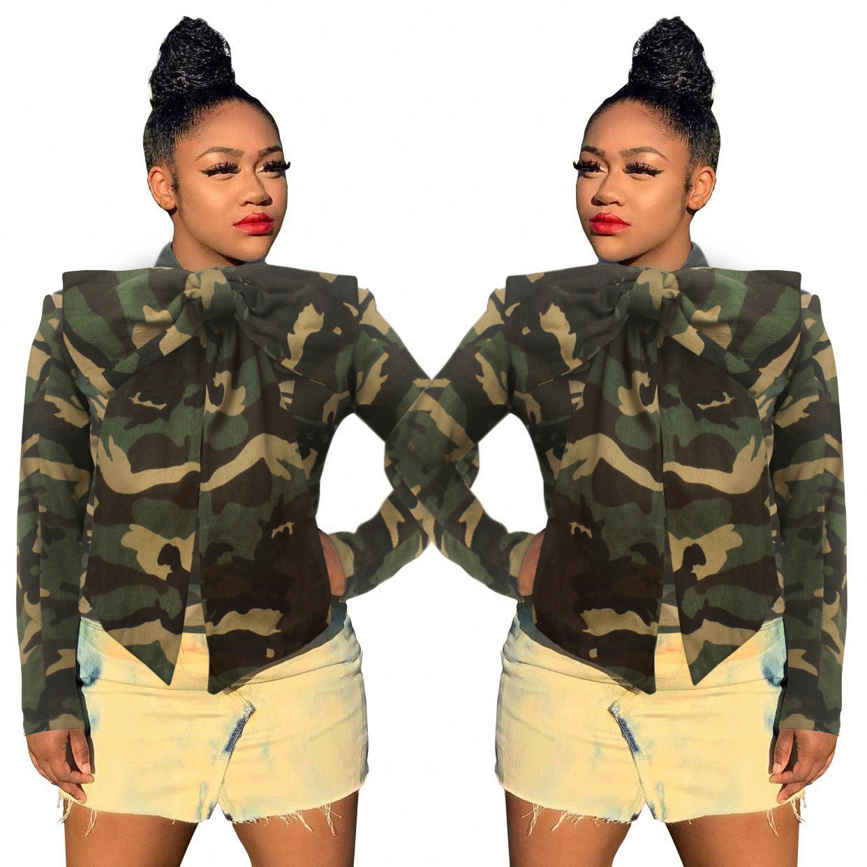 Solid color bowknot decor long-sleeved denim jacket