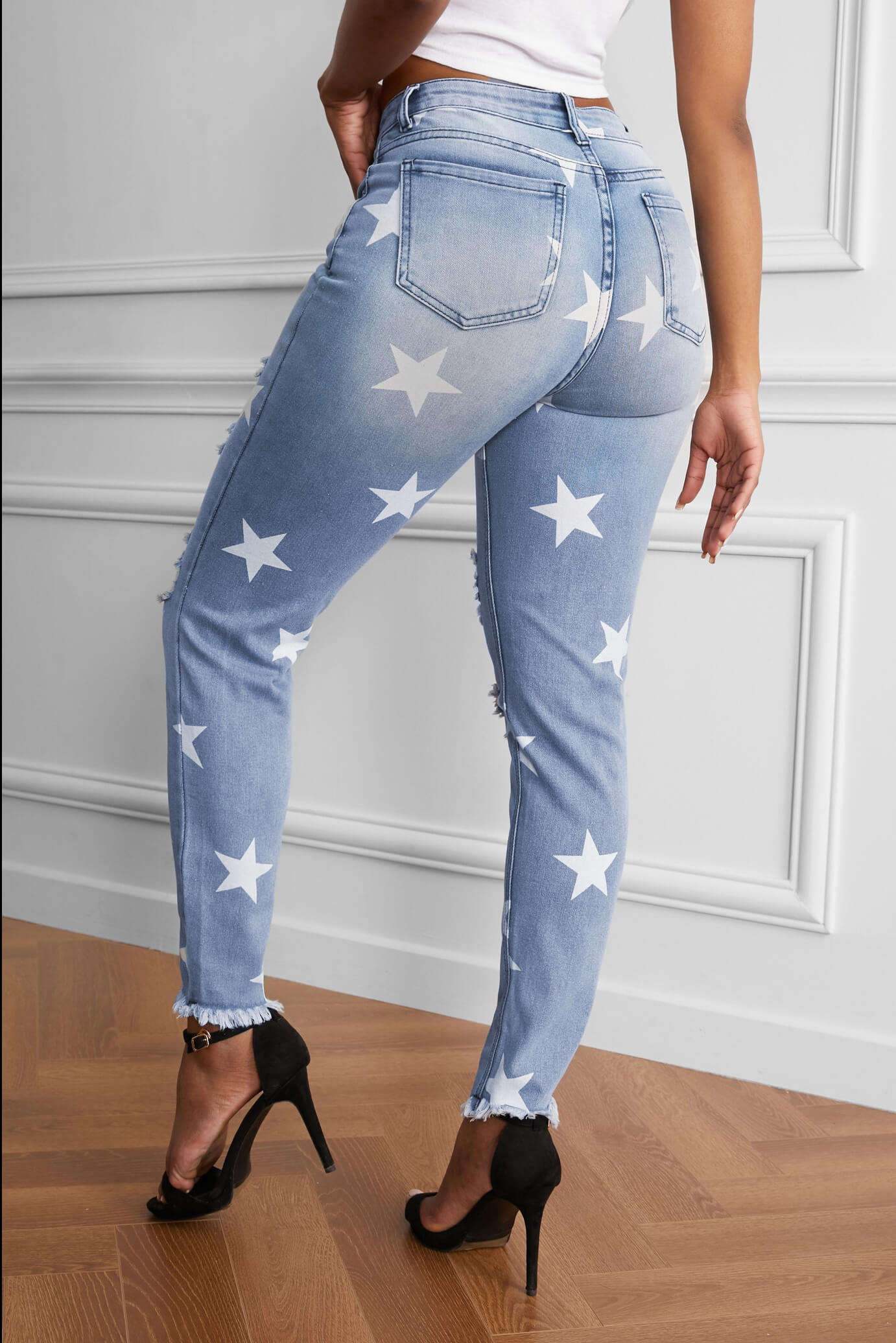 Ripped Star Print Mid Waist Jeans