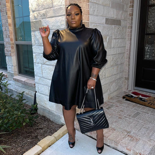Long-sleeved plus size PU leather dress