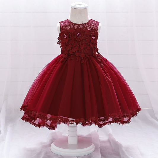 Flower girl dress lace flower pearl one-year-old dress