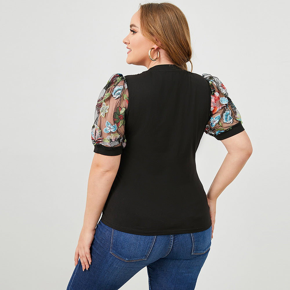 Round neck short sleeves ethnic style flower printing top