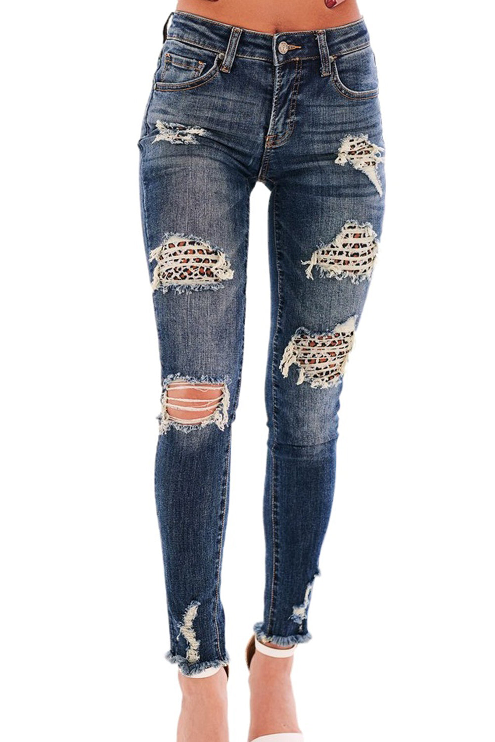 Mid Rise Leopard Patches Distressed Jeans