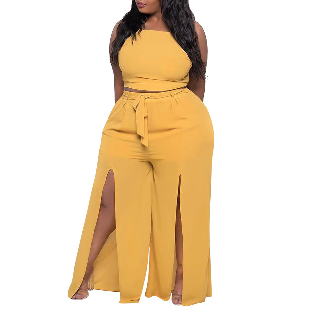 Plus size casual split wide leg pants two-piece set   clothing vendor