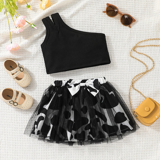 Girls' Summer Fashion One-Shoulder Top Skirt Two-Piece Suit