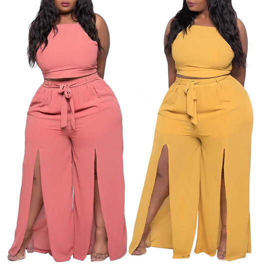 Plus size casual split wide leg pants two-piece set   clothing vendor