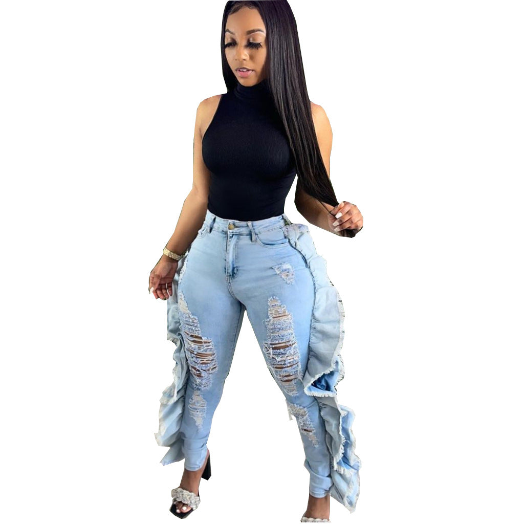 Personality ripped hole washed slim-fit stretch jeans