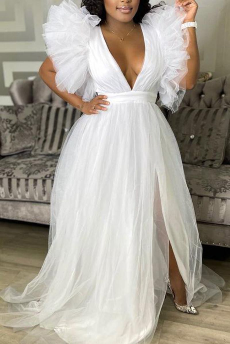 Elegant Fashion Solid Color Plunging Neck Short Sleeve Net Yarn Polyester Mesh Yarn Plus Size Dresses Maxi Long Dress Party Dress
