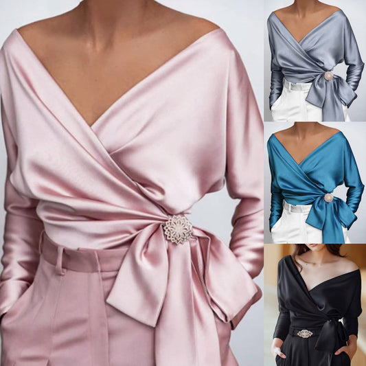 Fashion Solid Color Polyester V Neck Pullovers Long Sleeve Regular Sleeve Splicing Shirt