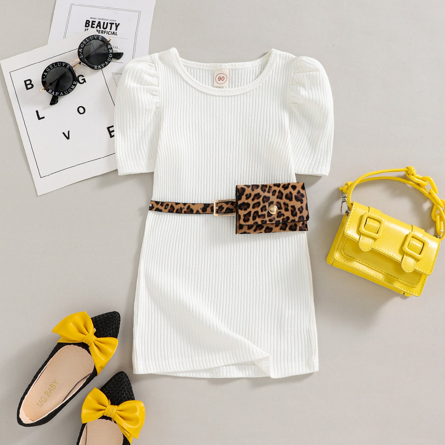 Girls' Cotton Puff Sleeve Dress with Leopard Print Waist Bag