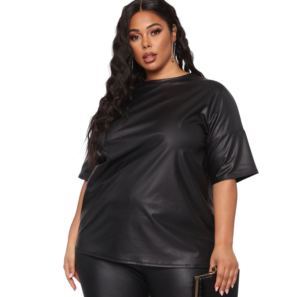 Plus size solid color leather short-sleeved top slim trousers lounge set  clothing