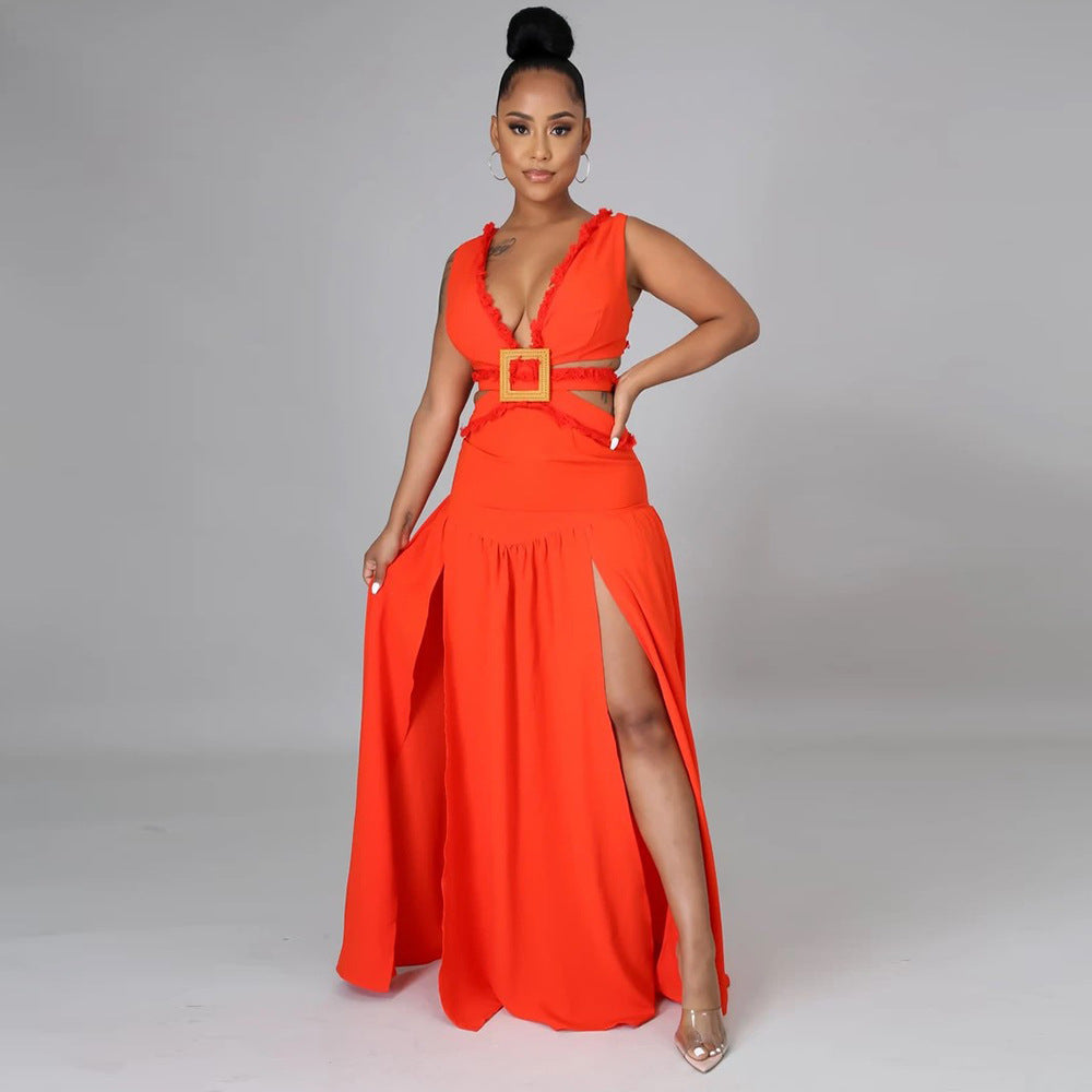Deep V-neck long skirt cotton dress