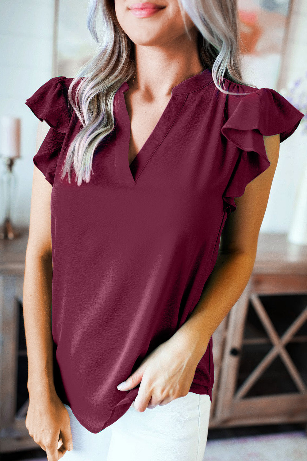 Red Ruffled Sleeveless V Neck Top