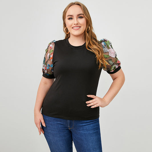 Round neck short sleeves ethnic style flower printing top