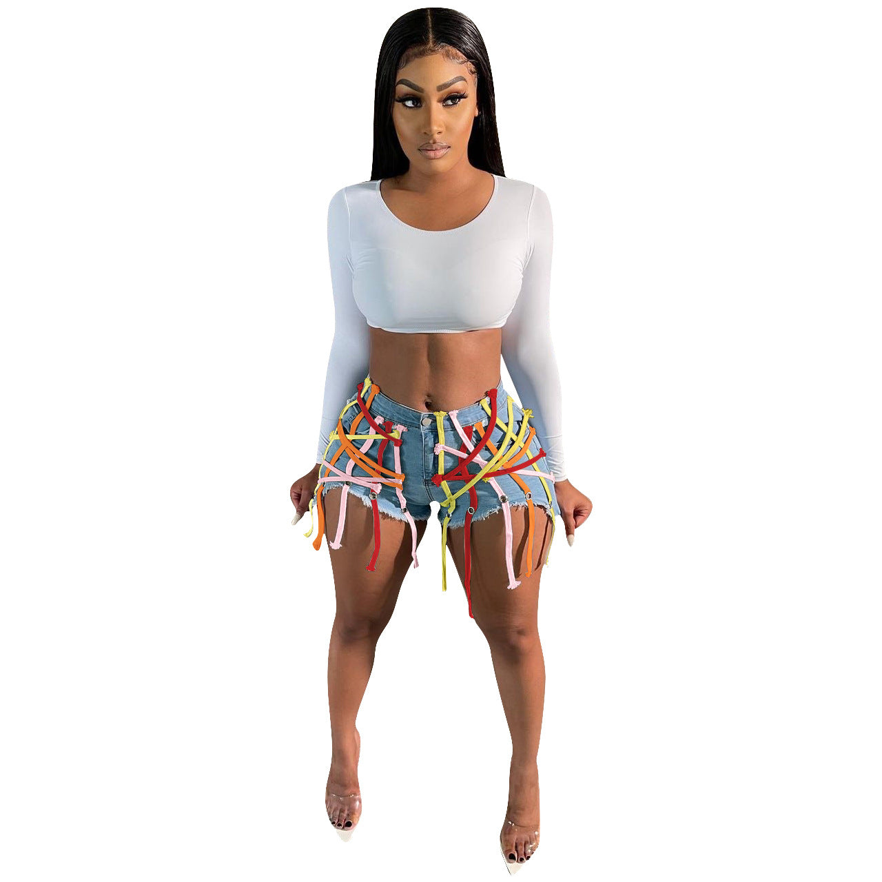 Straps Galore Stitched Denim Shorts
