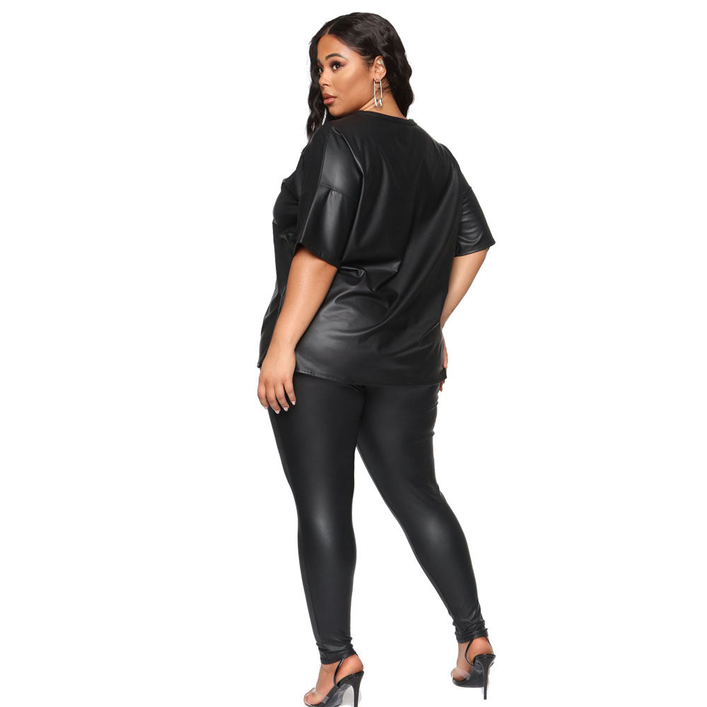Plus size solid color leather short-sleeved top slim trousers lounge set  clothing
