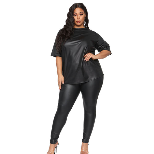 Plus size solid color leather short-sleeved top slim trousers lounge set  clothing