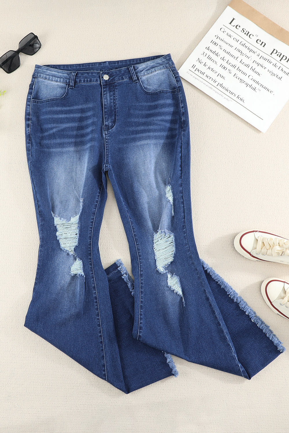 Plus Size Distressed Bell Bottom Jeans