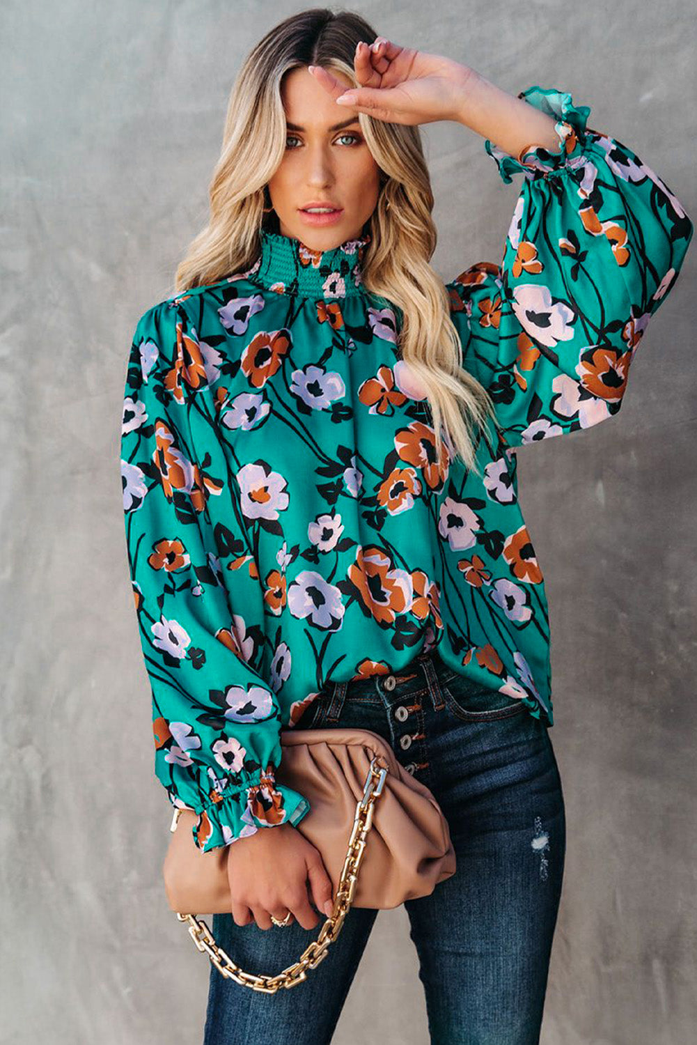 Floral Print Smocked Neck Blouse