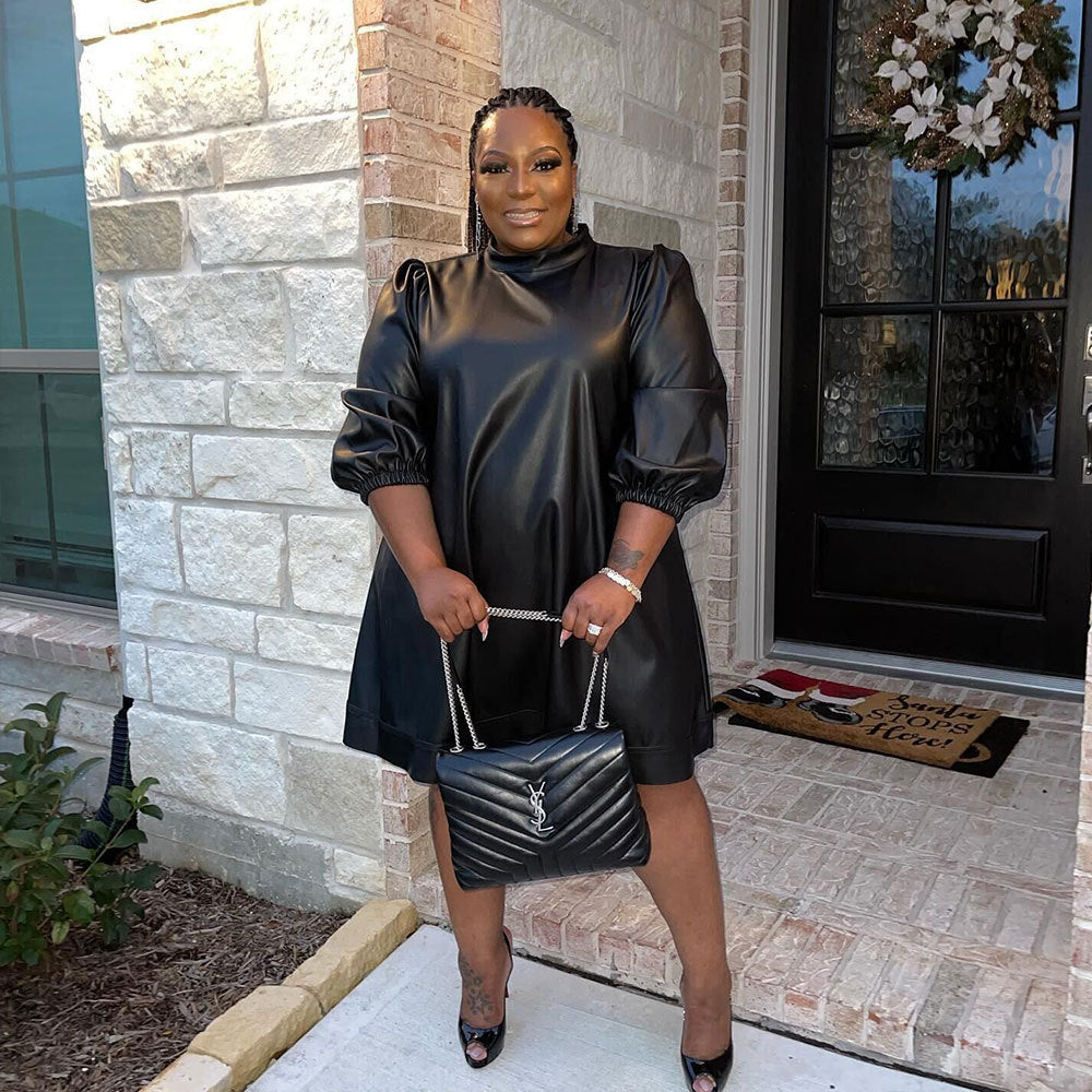 Long-sleeved plus size PU leather dress
