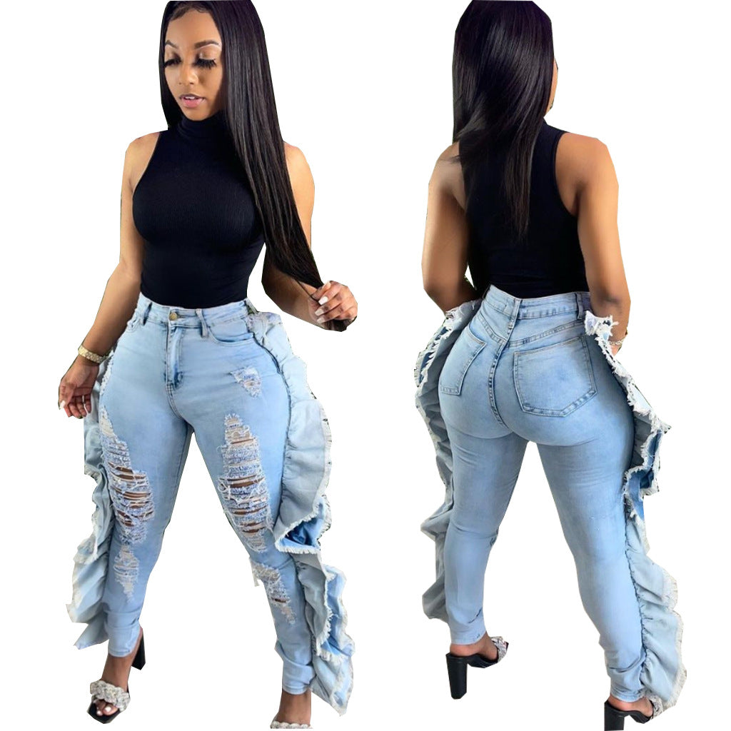 Personality ripped hole washed slim-fit stretch jeans