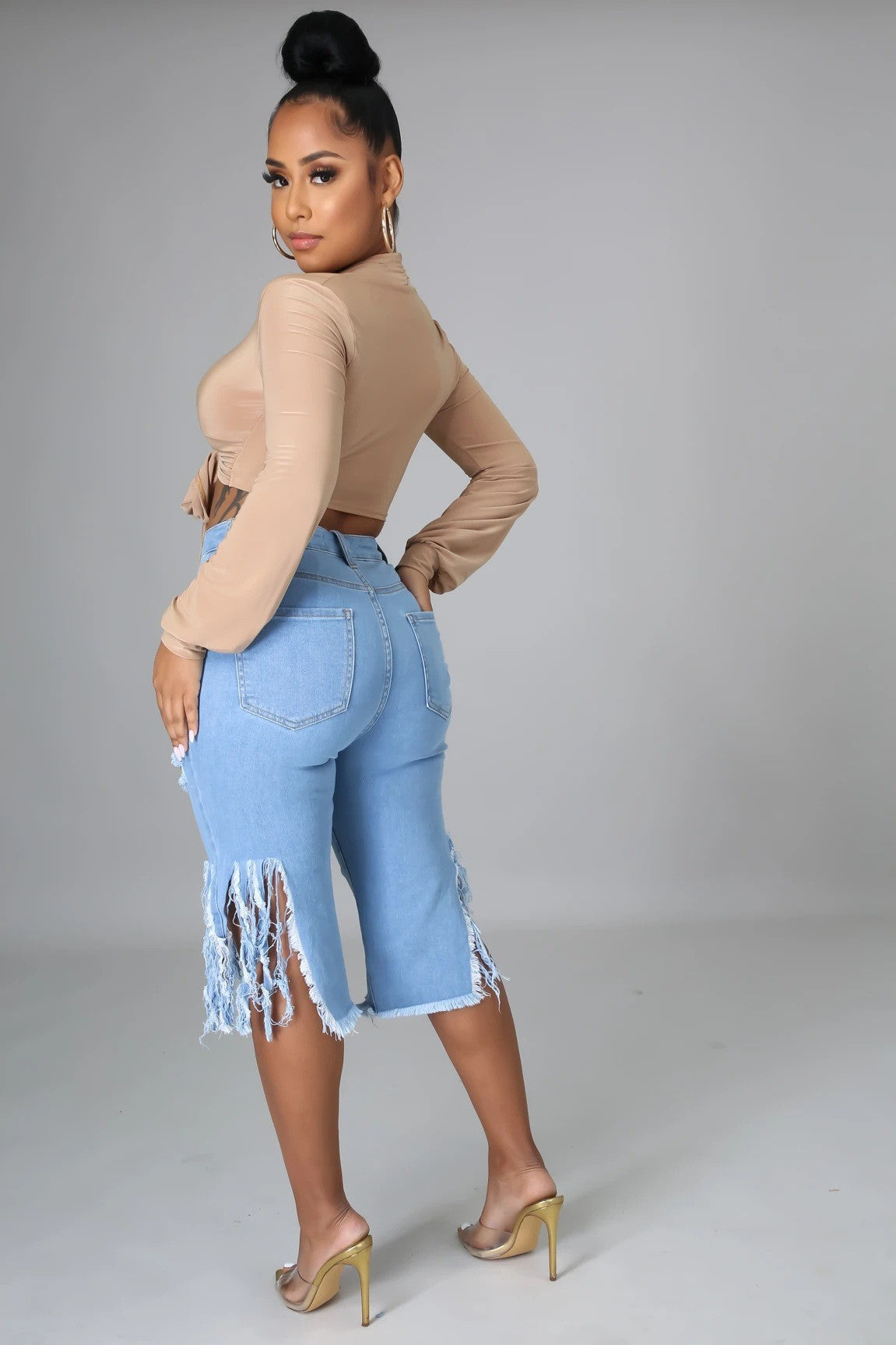 high waist fringed hole stretch capri jeans