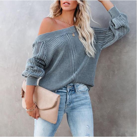 Loose V-neck Lantern Sleeve Sweater